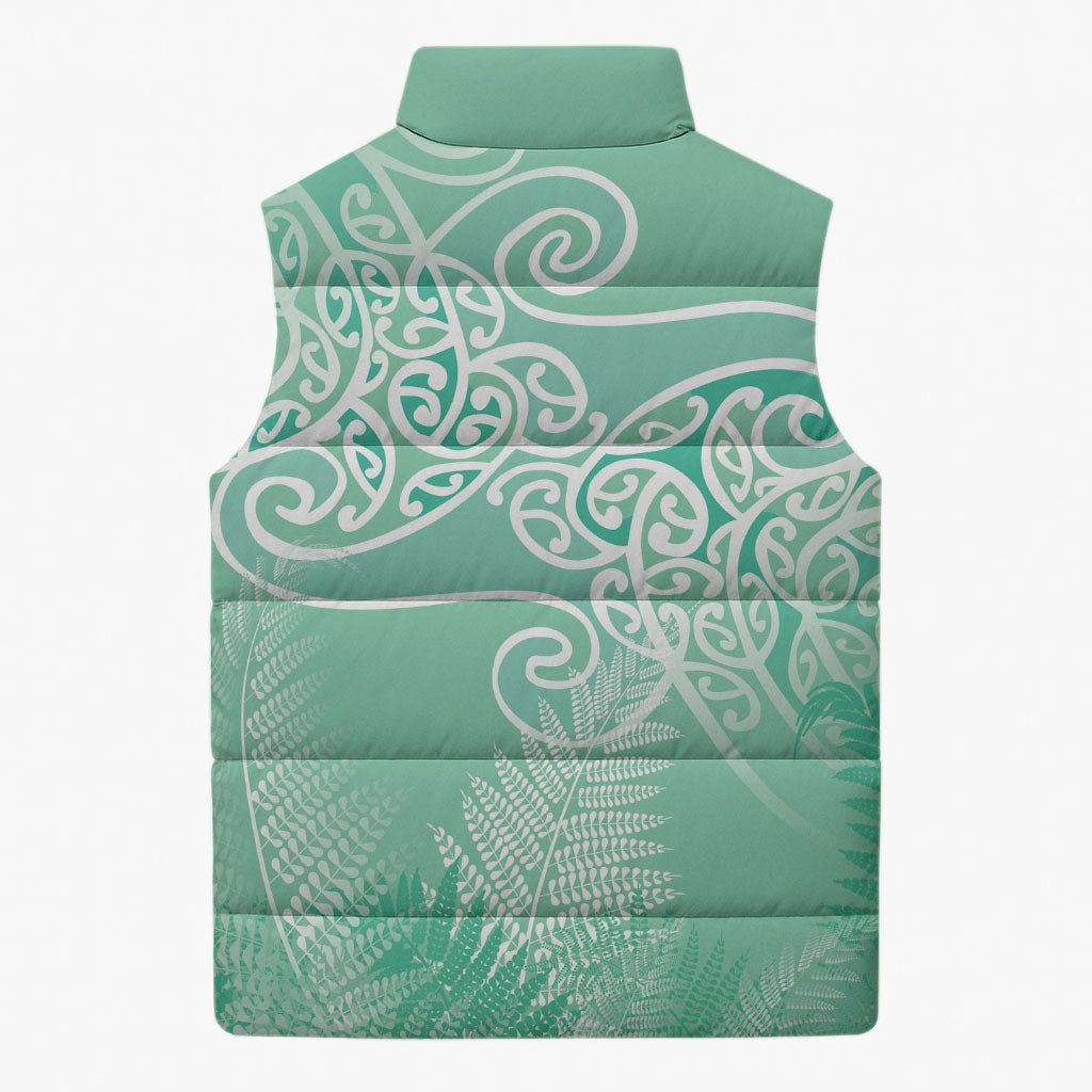 Aotearoa Maori Koru Curves Sleeveless Puffer Jacket Silver Ferns - Mint LT7 - Polynesian Pride