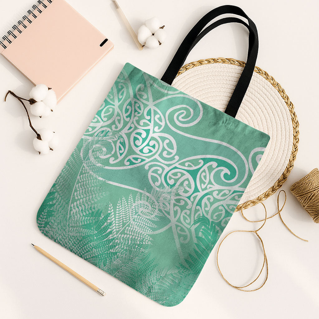Aotearoa Maori Koru Curves Tote Bag Silver Ferns - Mint LT7 Black Strap One Size Mint Green - Polynesian Pride