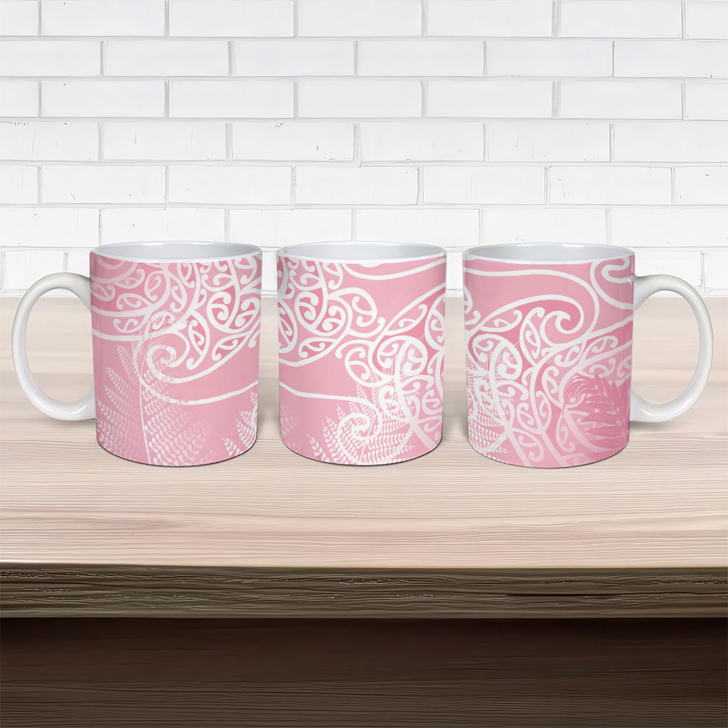 Aotearoa Maori Koru Curves Ceramic Mug Silver Ferns - Rose Pink LT7 - Polynesian Pride