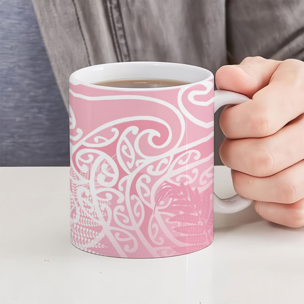 Aotearoa Maori Koru Curves Ceramic Mug Silver Ferns - Rose Pink LT7 - Polynesian Pride