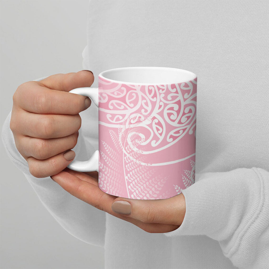 Aotearoa Maori Koru Curves Ceramic Mug Silver Ferns - Rose Pink LT7 - Polynesian Pride