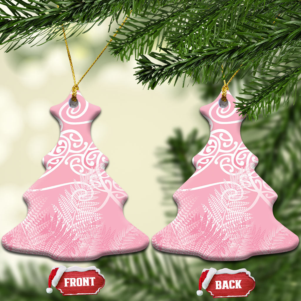 Aotearoa Maori Koru Curves Ceramic Ornament Silver Ferns - Rose Pink