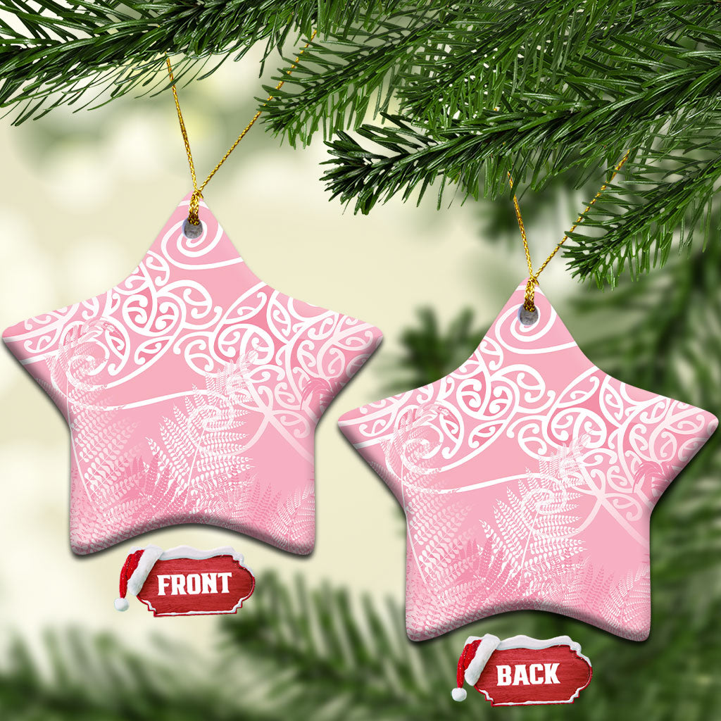 Aotearoa Maori Koru Curves Ceramic Ornament Silver Ferns - Rose Pink