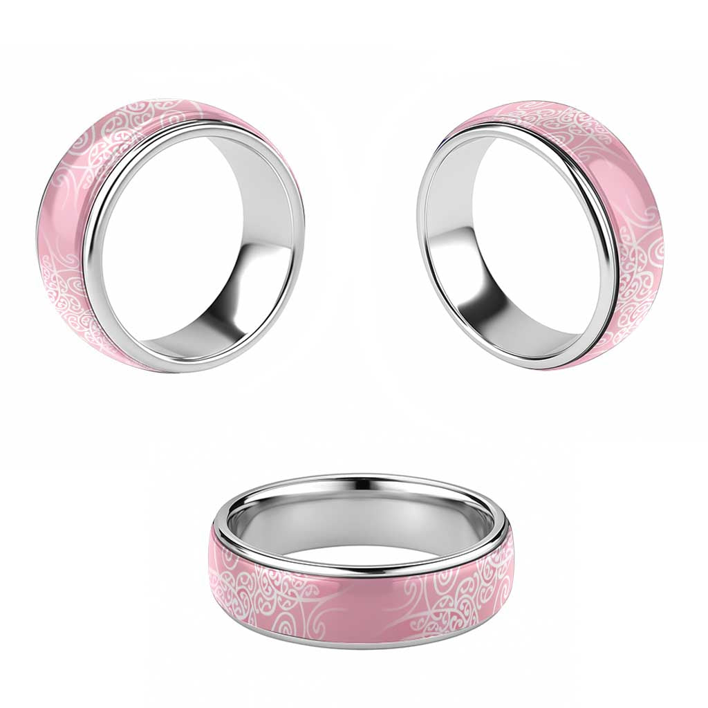 Aotearoa Maori Koru Curves Classic Ring Silver Ferns - Rose Pink LT7 - Polynesian Pride