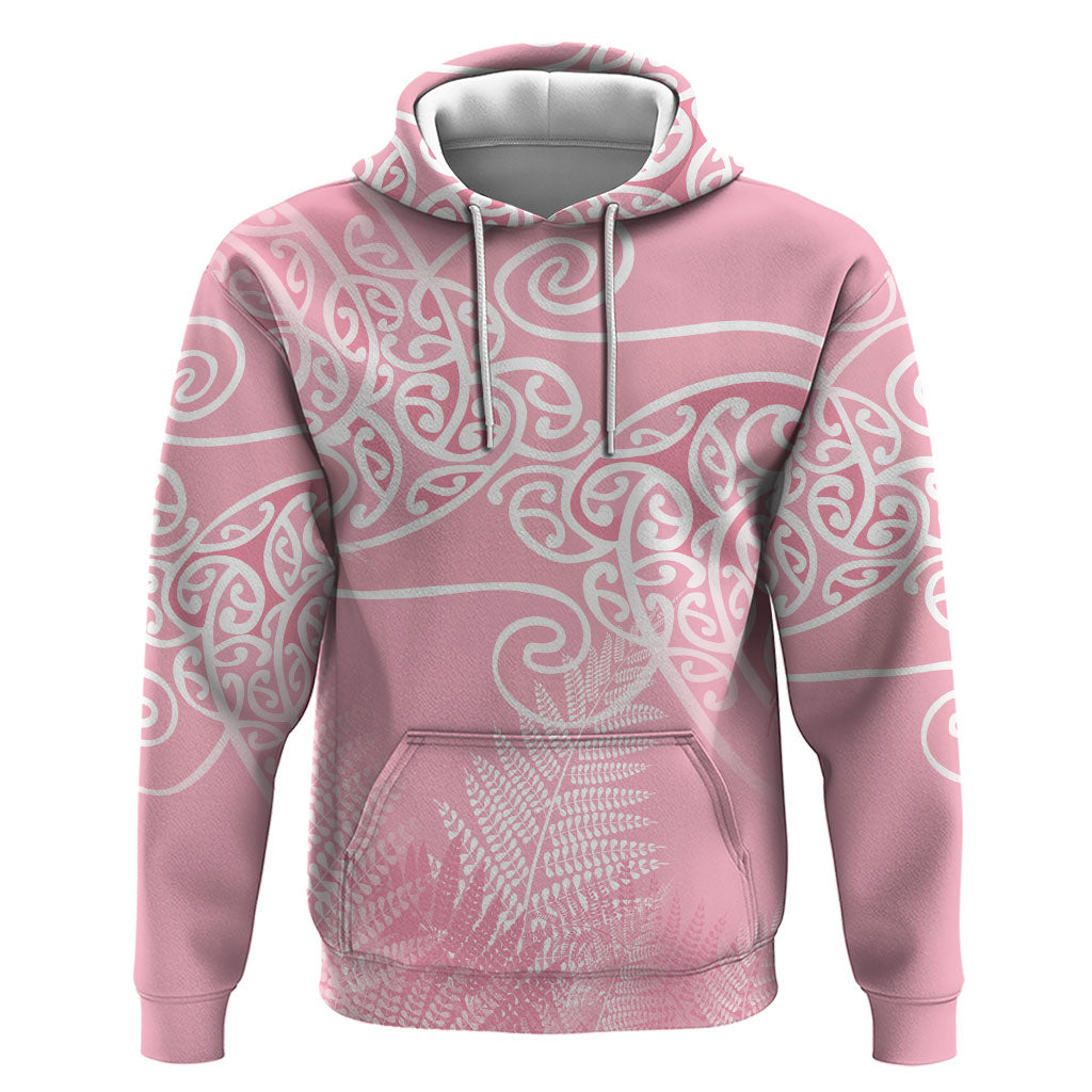 Aotearoa Maori Koru Curves Hoodie Silver Ferns - Rose Pink LT7 Pullover Hoodie Pink - Polynesian Pride