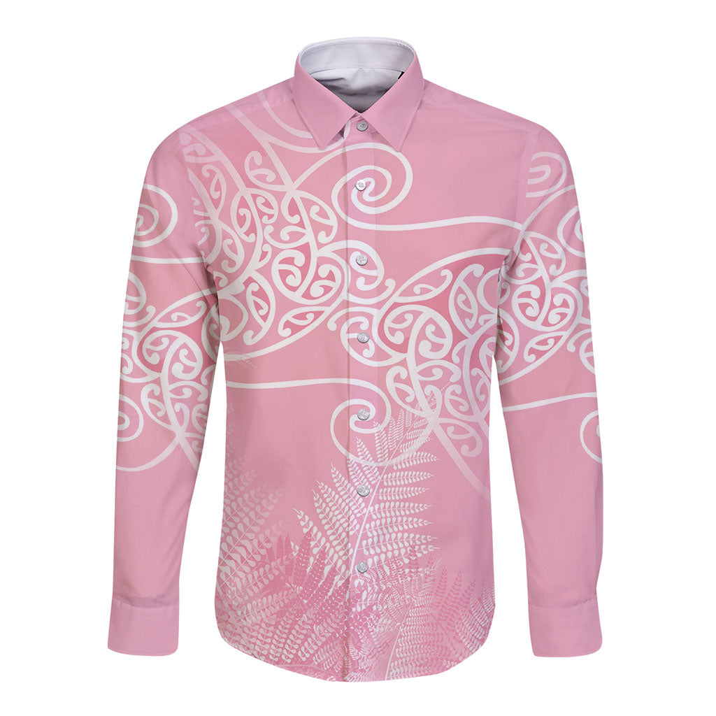 Aotearoa Maori Koru Curves Long Sleeve Button Shirt Silver Ferns - Rose Pink LT7 Unisex Pink - Polynesian Pride