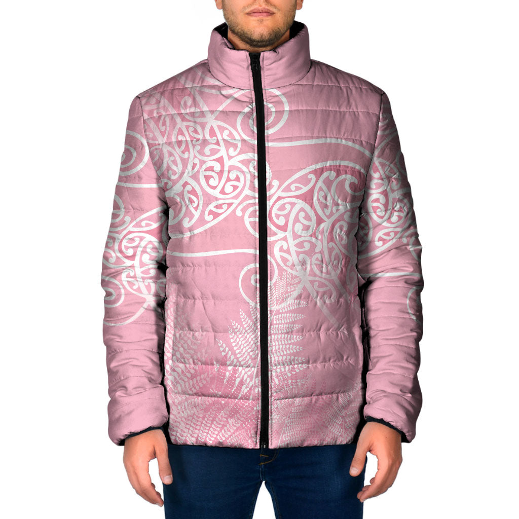 Aotearoa Maori Koru Curves Padded Jacket Silver Ferns - Rose Pink LT7 Men Pink - Polynesian Pride