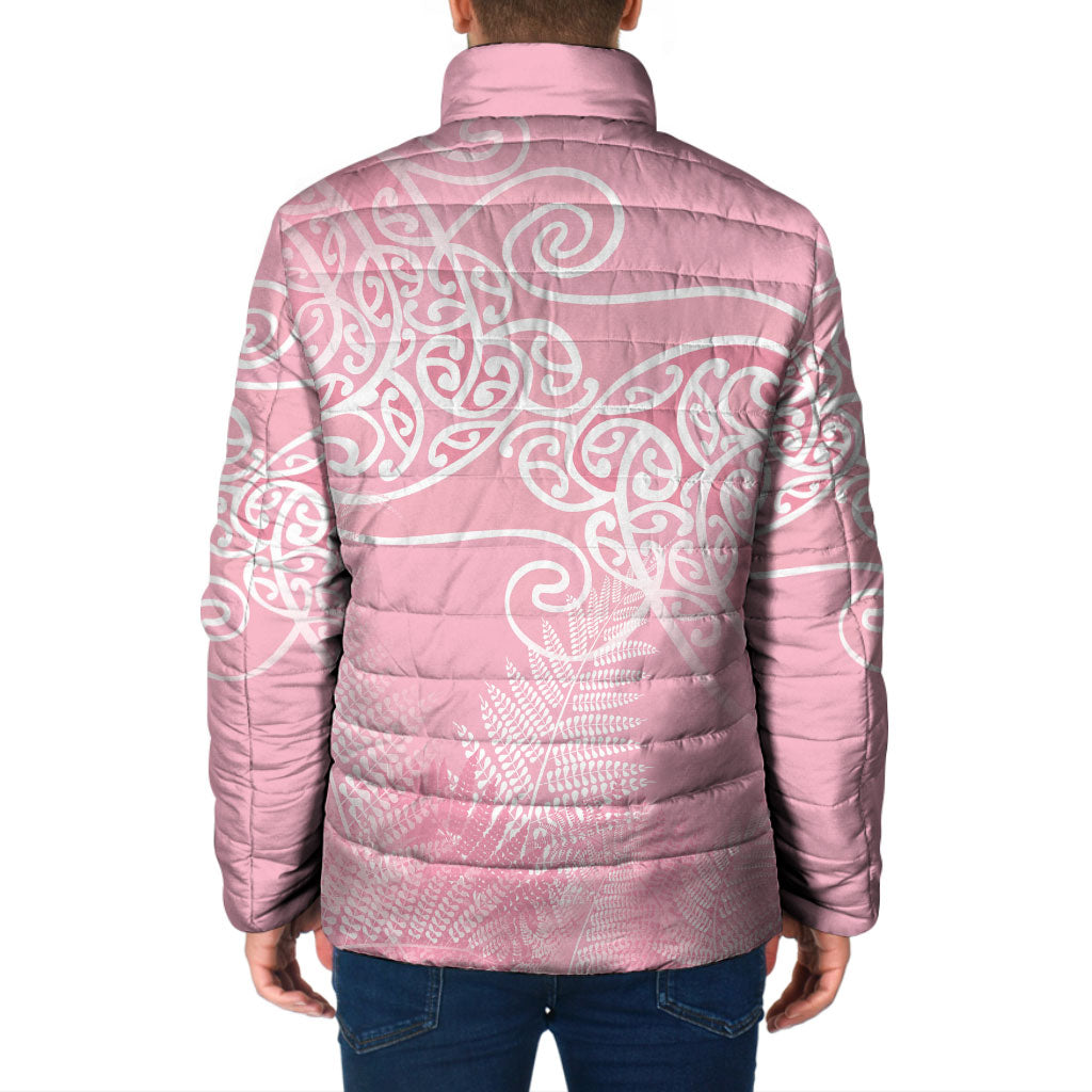 Aotearoa Maori Koru Curves Padded Jacket Silver Ferns - Rose Pink LT7 - Polynesian Pride
