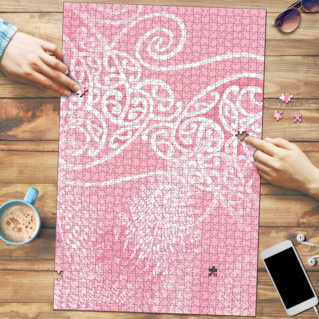 Aotearoa Maori Koru Curves Puzzle Silver Ferns - Rose Pink LT7 Pink - Polynesian Pride