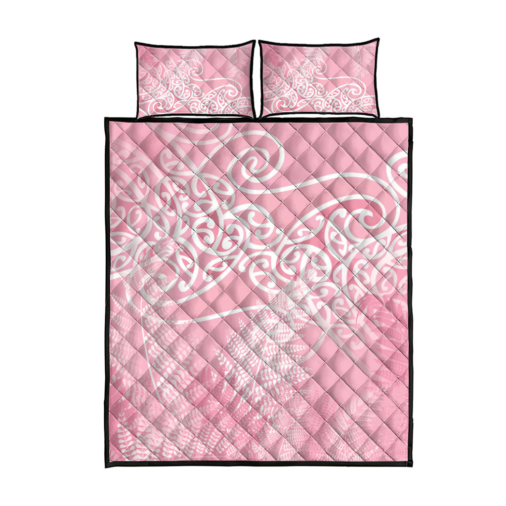 Aotearoa Maori Koru Curves Quilt Bed Set Silver Ferns - Rose Pink LT7 - Polynesian Pride