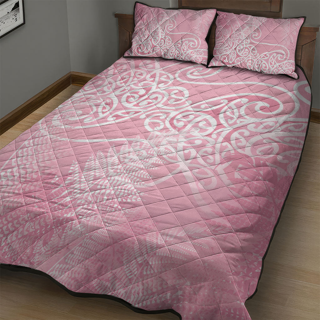 Aotearoa Maori Koru Curves Quilt Bed Set Silver Ferns - Rose Pink LT7 - Polynesian Pride