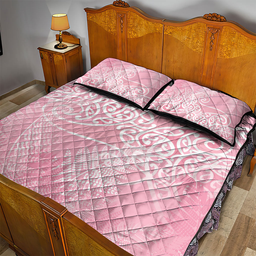 Aotearoa Maori Koru Curves Quilt Bed Set Silver Ferns - Rose Pink LT7 - Polynesian Pride