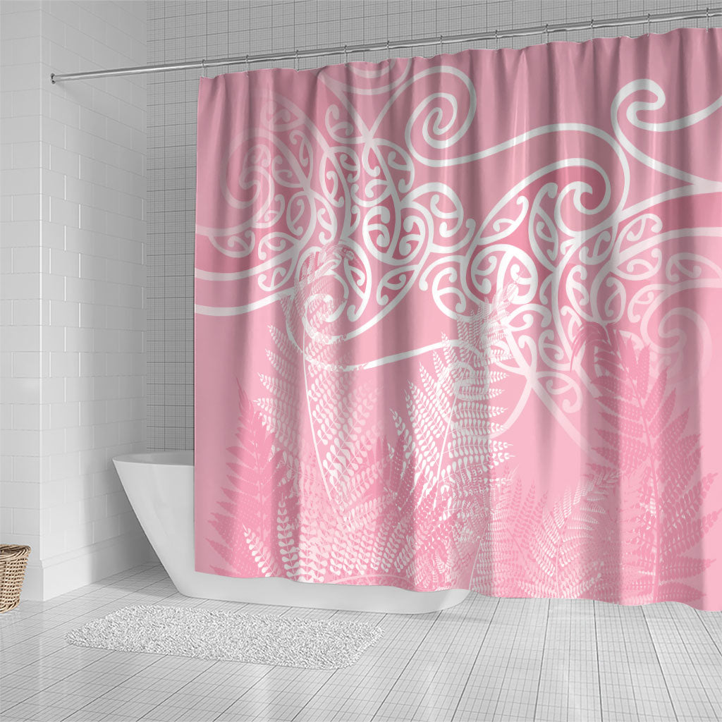 Aotearoa Maori Koru Curves Shower Curtain Silver Ferns - Rose Pink LT7 - Polynesian Pride