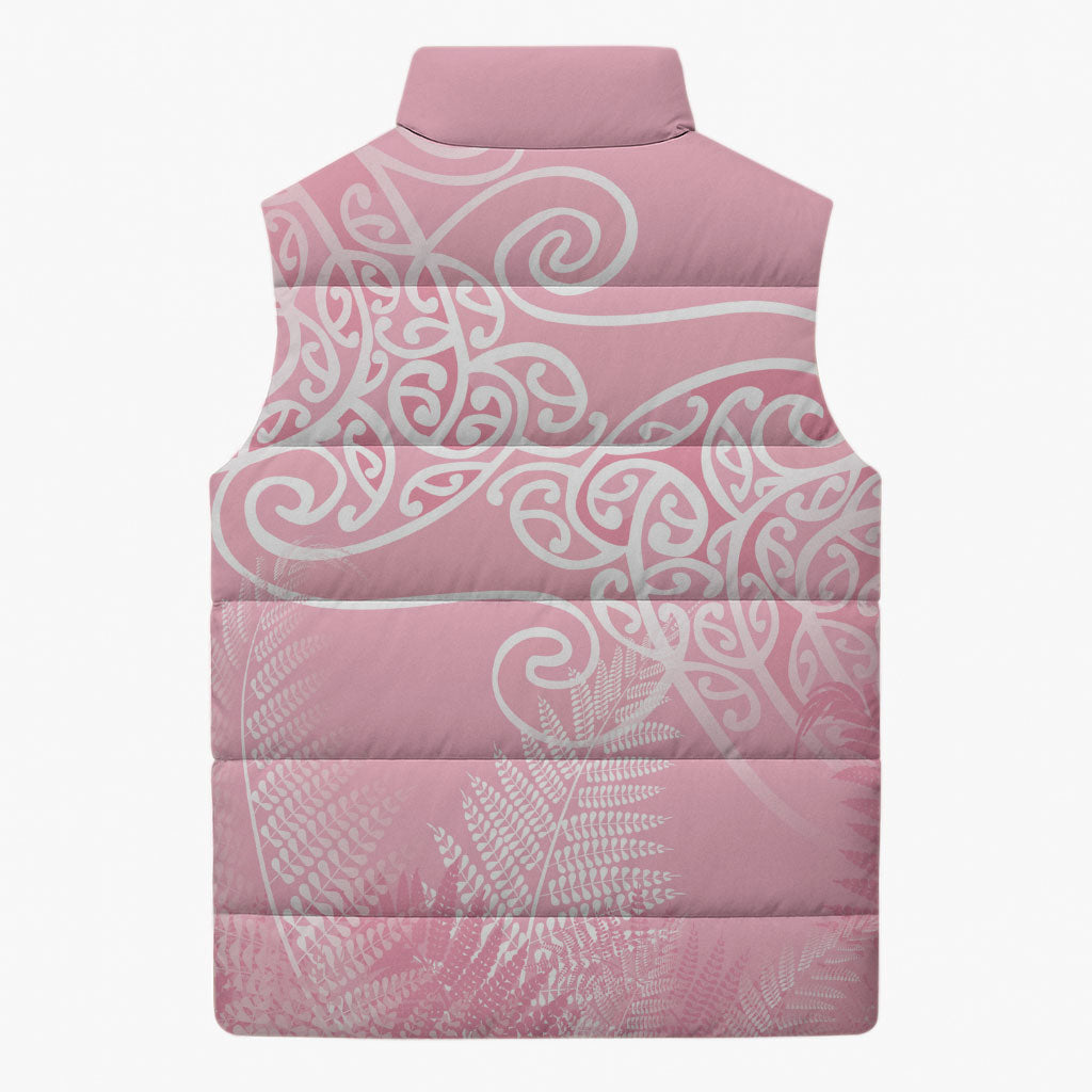 Aotearoa Maori Koru Curves Sleeveless Puffer Jacket Silver Ferns - Rose Pink LT7 - Polynesian Pride