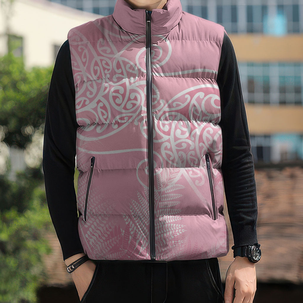Aotearoa Maori Koru Curves Sleeveless Puffer Jacket Silver Ferns - Rose Pink LT7 - Polynesian Pride