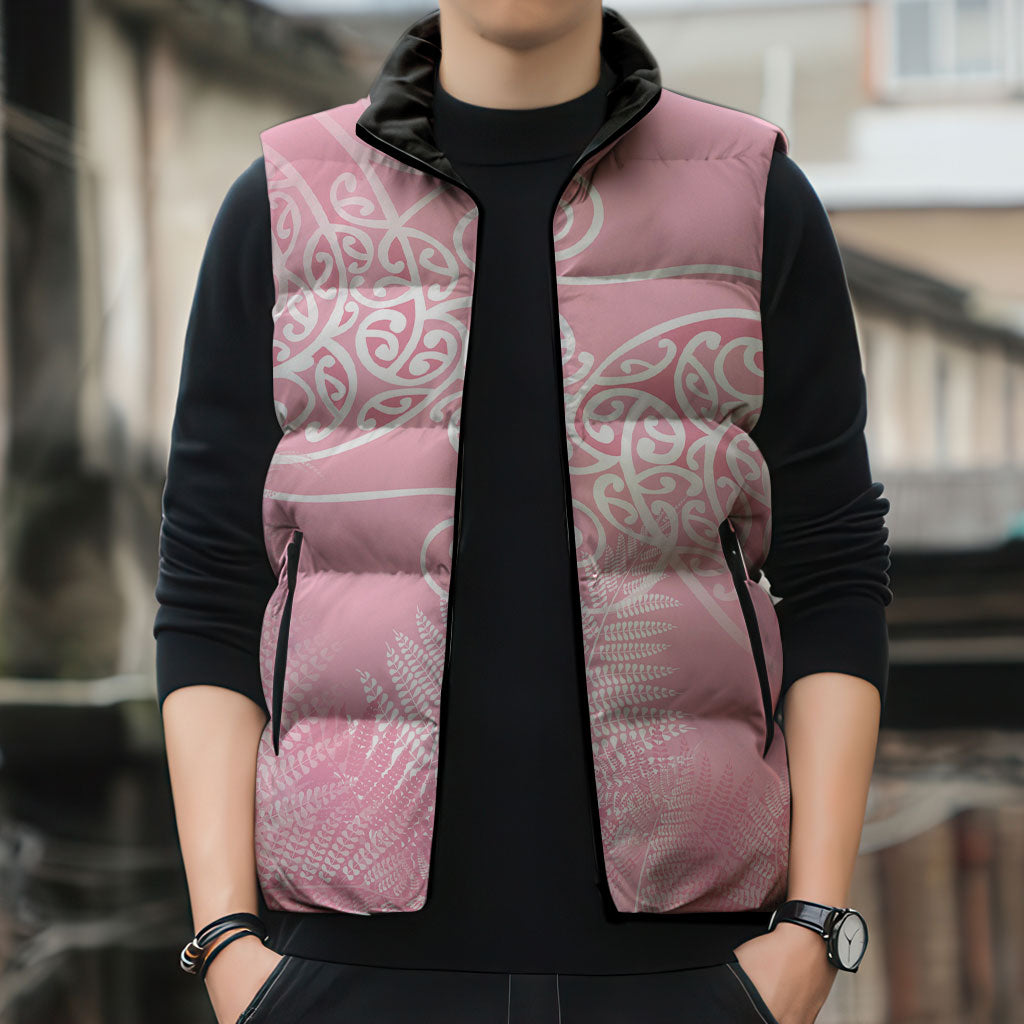 Aotearoa Maori Koru Curves Sleeveless Puffer Jacket Silver Ferns - Rose Pink LT7 - Polynesian Pride