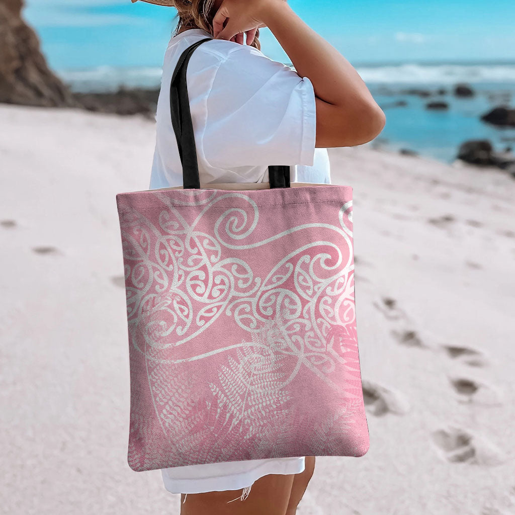 Aotearoa Maori Koru Curves Tote Bag Silver Ferns - Rose Pink LT7 - Polynesian Pride