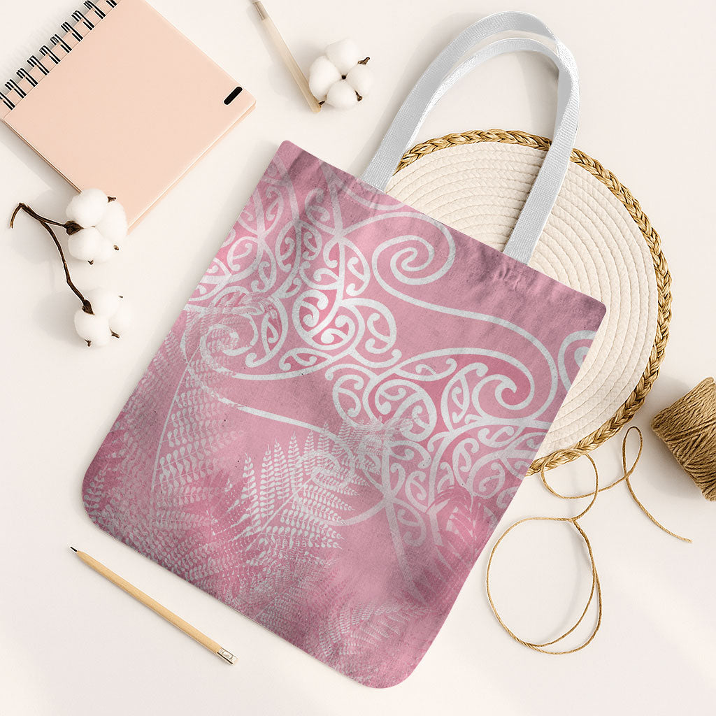 Aotearoa Maori Koru Curves Tote Bag Silver Ferns - Rose Pink LT7 White Strap One Size Pink - Polynesian Pride