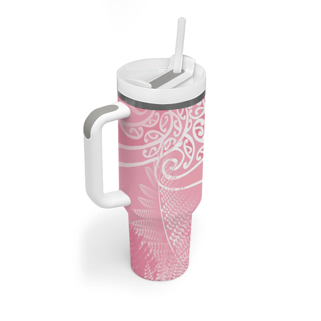 Aotearoa Maori Koru Curves Tumbler With Handle Silver Ferns - Rose Pink LT7 - Polynesian Pride