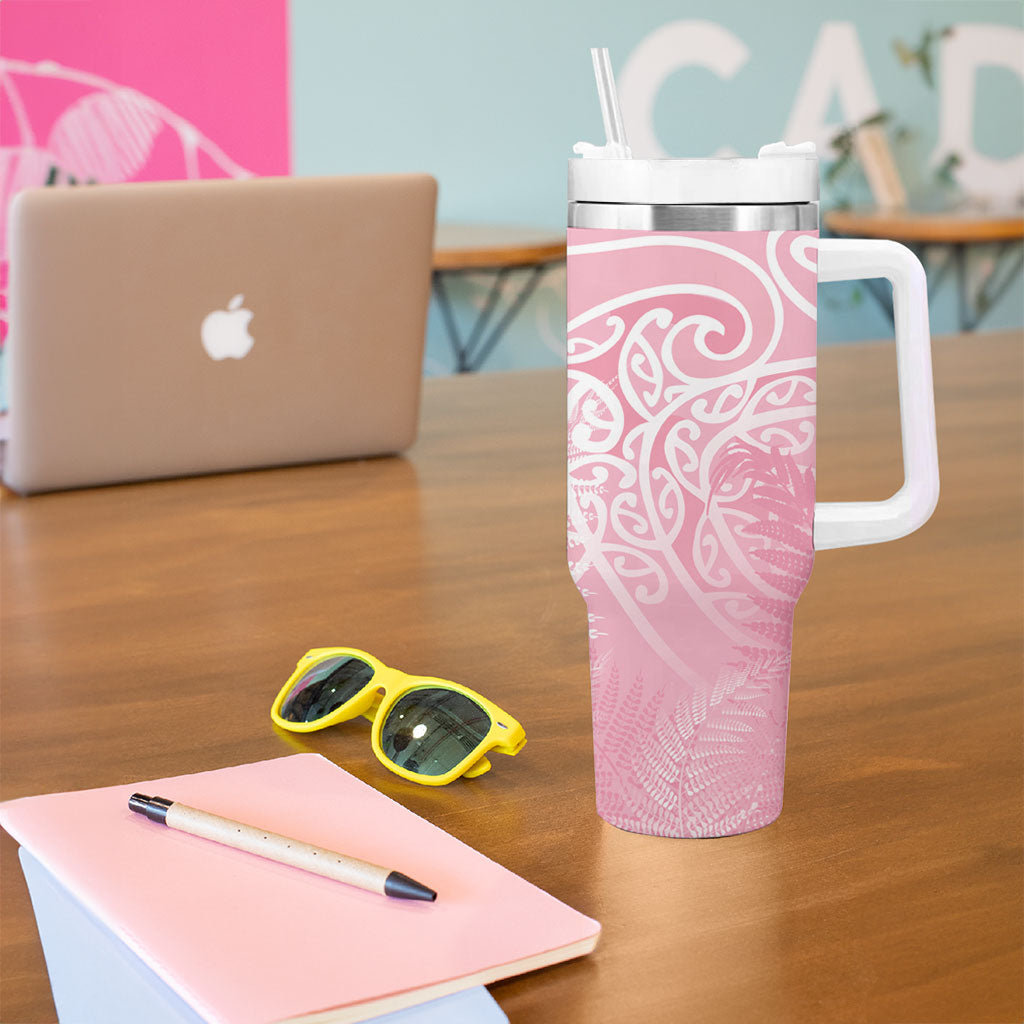 Aotearoa Maori Koru Curves Tumbler With Handle Silver Ferns - Rose Pink LT7 - Polynesian Pride