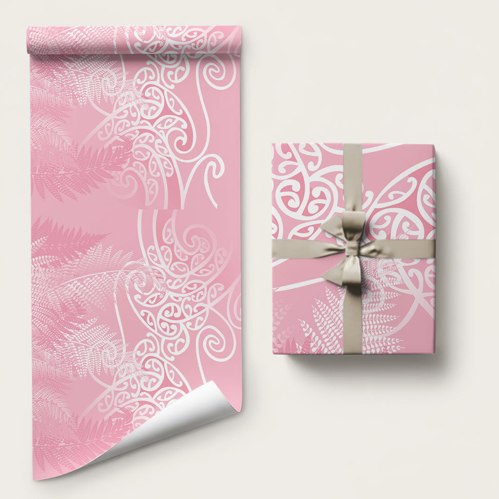 Aotearoa Maori Koru Curves Wrapping Paper Silver Ferns - Rose Pink LT7 58" × 23" Pink - Polynesian Pride