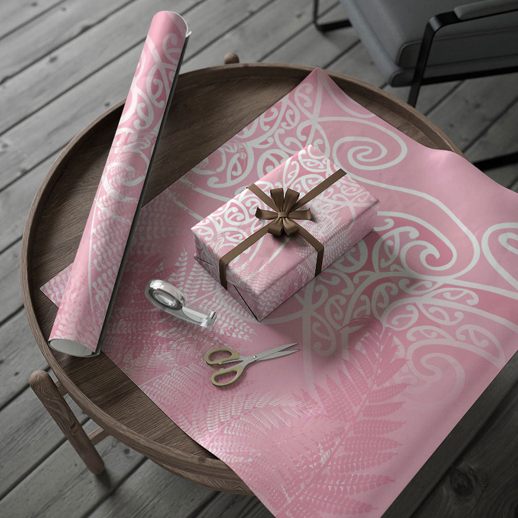 Aotearoa Maori Koru Curves Wrapping Paper Silver Ferns - Rose Pink LT7 - Polynesian Pride