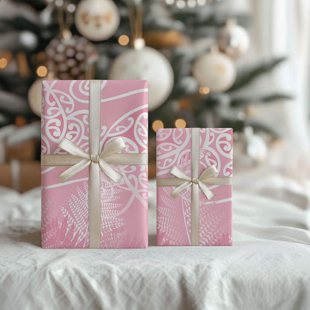 Aotearoa Maori Koru Curves Wrapping Paper Silver Ferns - Rose Pink LT7 - Polynesian Pride