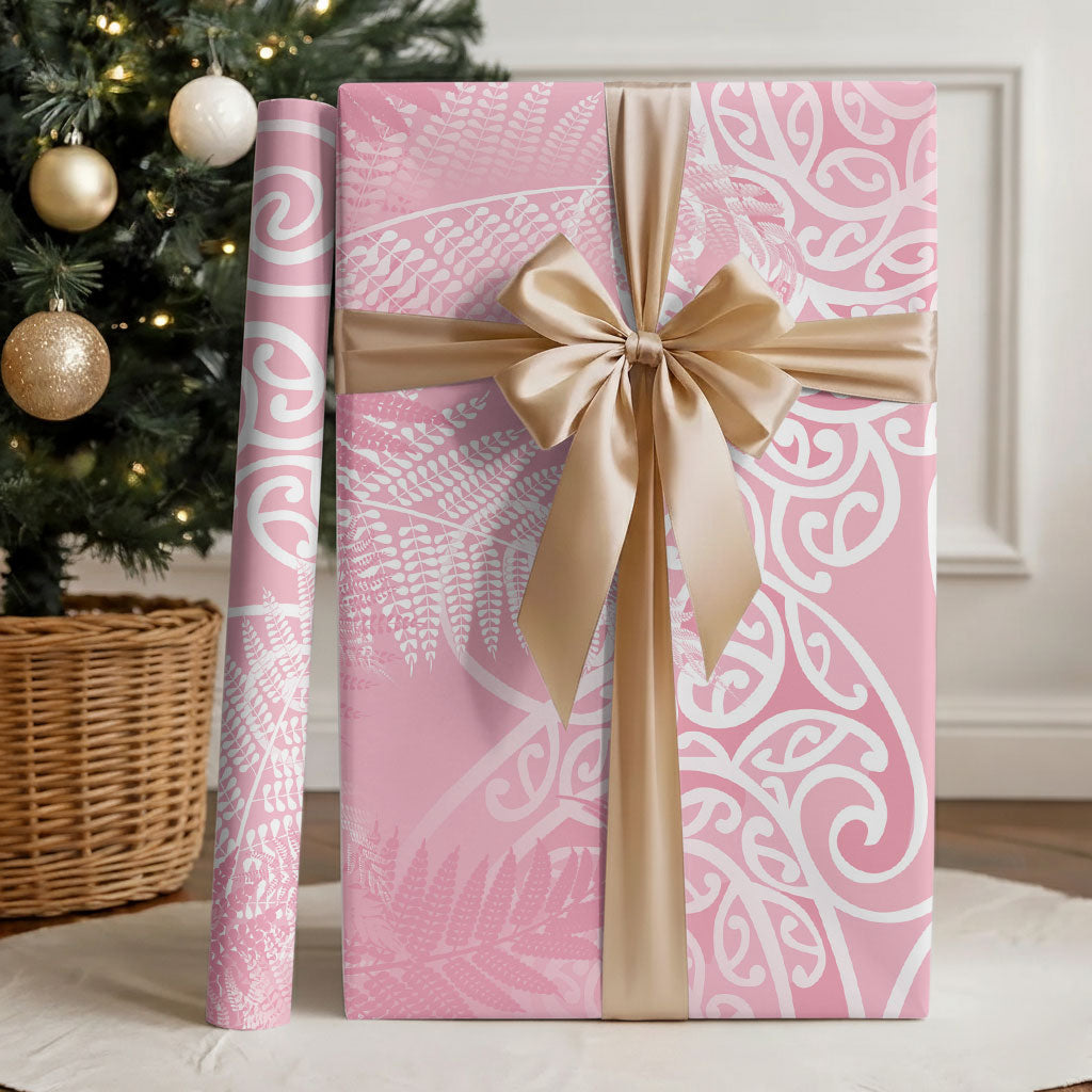 Aotearoa Maori Koru Curves Wrapping Paper Silver Ferns - Rose Pink LT7 - Polynesian Pride