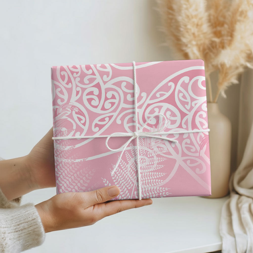 Aotearoa Maori Koru Curves Wrapping Paper Silver Ferns - Rose Pink LT7 - Polynesian Pride