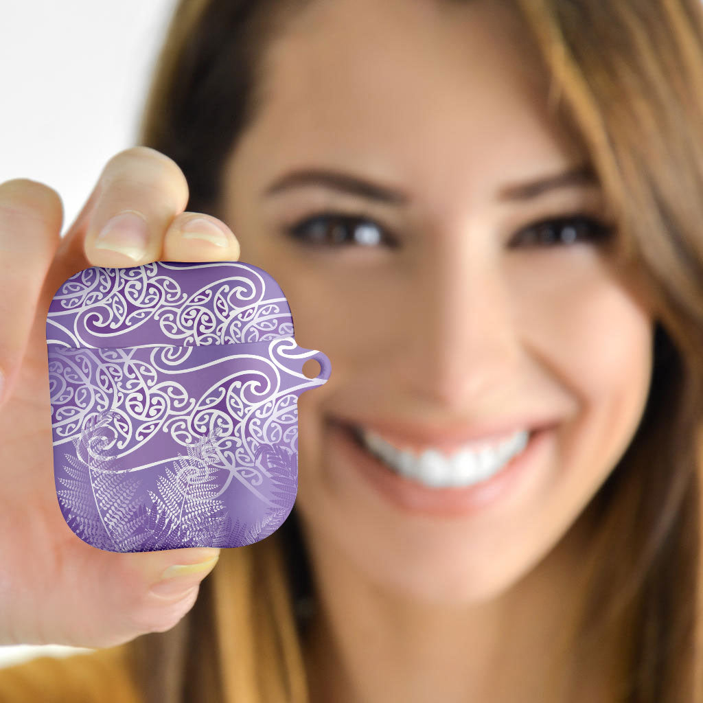 Aotearoa Maori Koru Curves AirPods Case Silver Ferns - Amethyst LT7 - Polynesian Pride