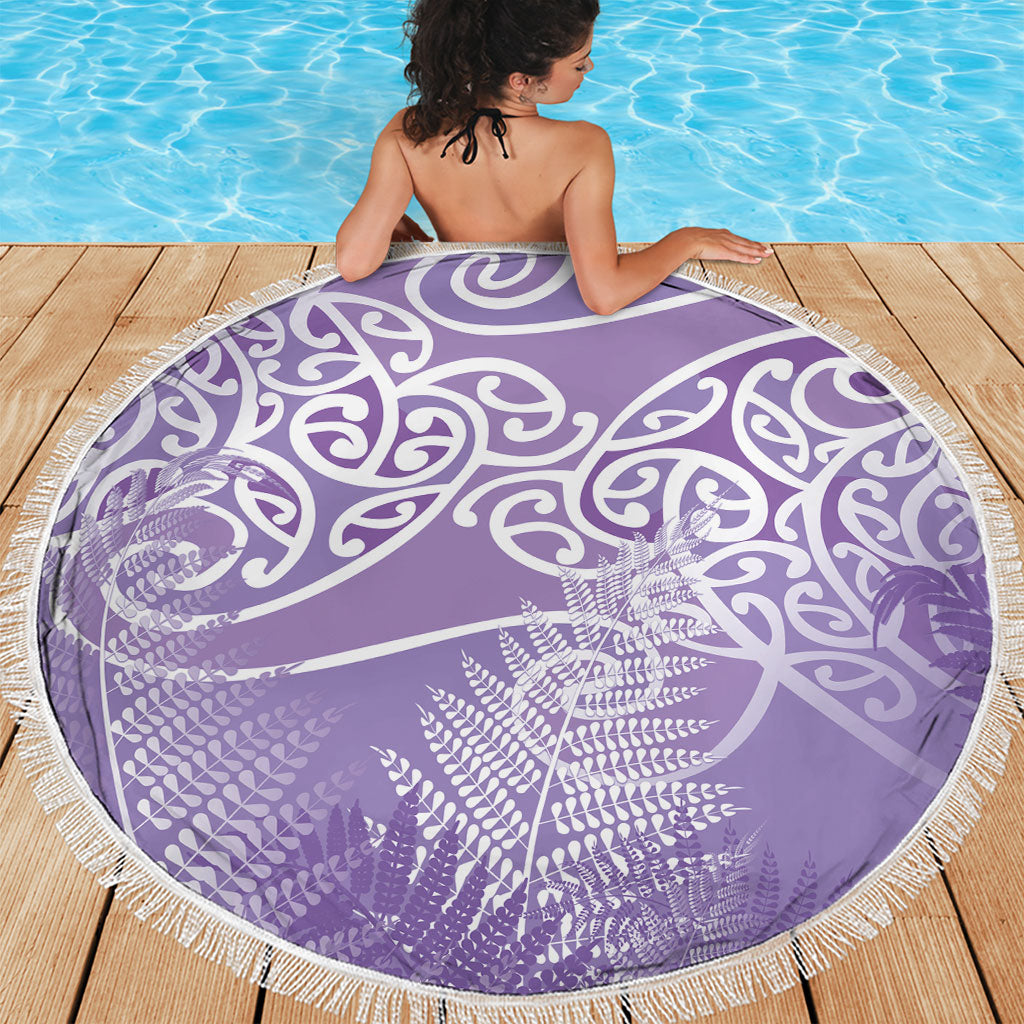 Aotearoa Maori Koru Curves Beach Blanket Silver Ferns - Amethyst LT7 - Polynesian Pride