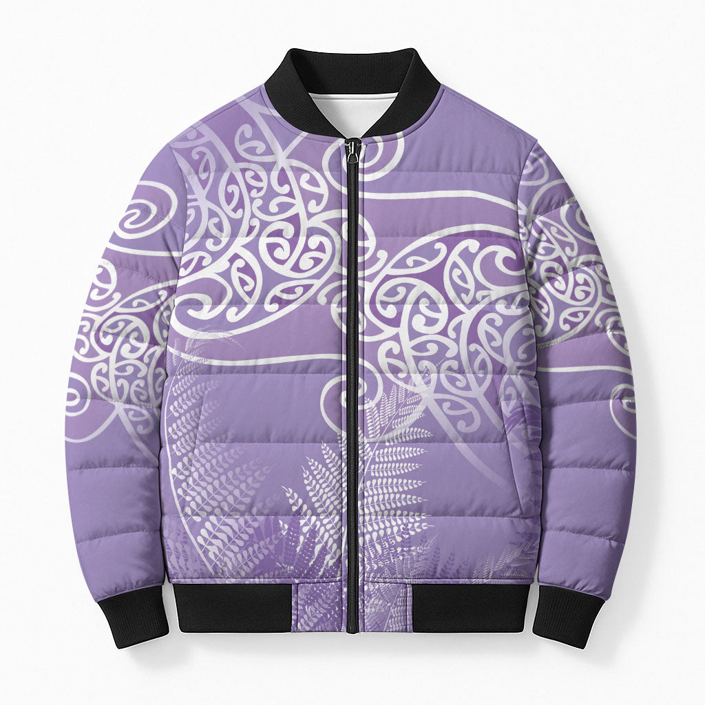 Aotearoa Maori Koru Curves Bomber Puffer Jacket Silver Ferns - Amethyst LT7 Unisex Purple - Polynesian Pride