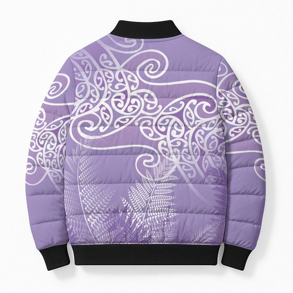 Aotearoa Maori Koru Curves Bomber Puffer Jacket Silver Ferns - Amethyst LT7 - Polynesian Pride
