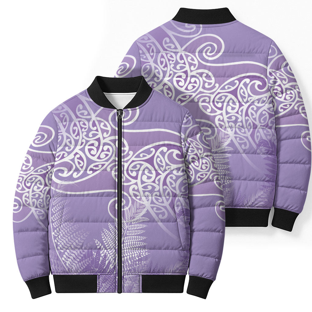 Aotearoa Maori Koru Curves Bomber Puffer Jacket Silver Ferns - Amethyst LT7 - Polynesian Pride