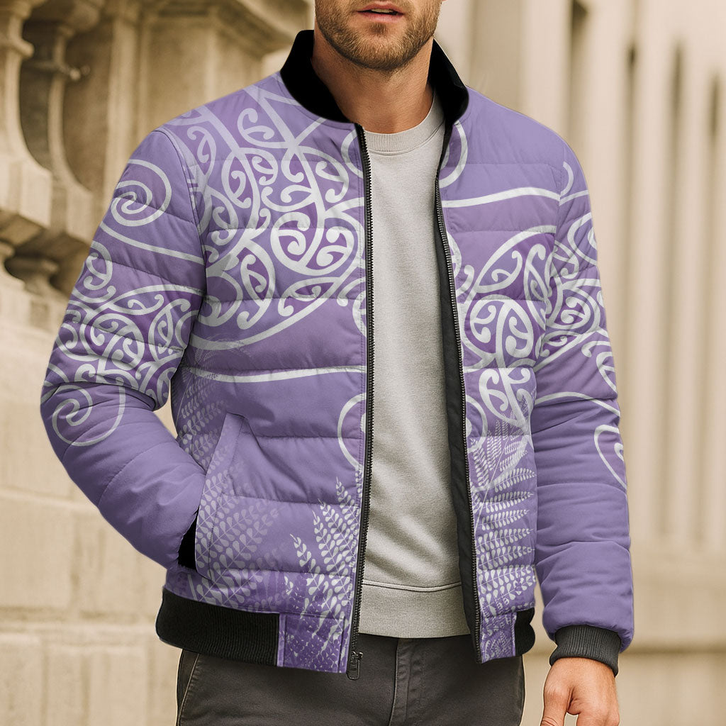 Aotearoa Maori Koru Curves Bomber Puffer Jacket Silver Ferns - Amethyst LT7 - Polynesian Pride