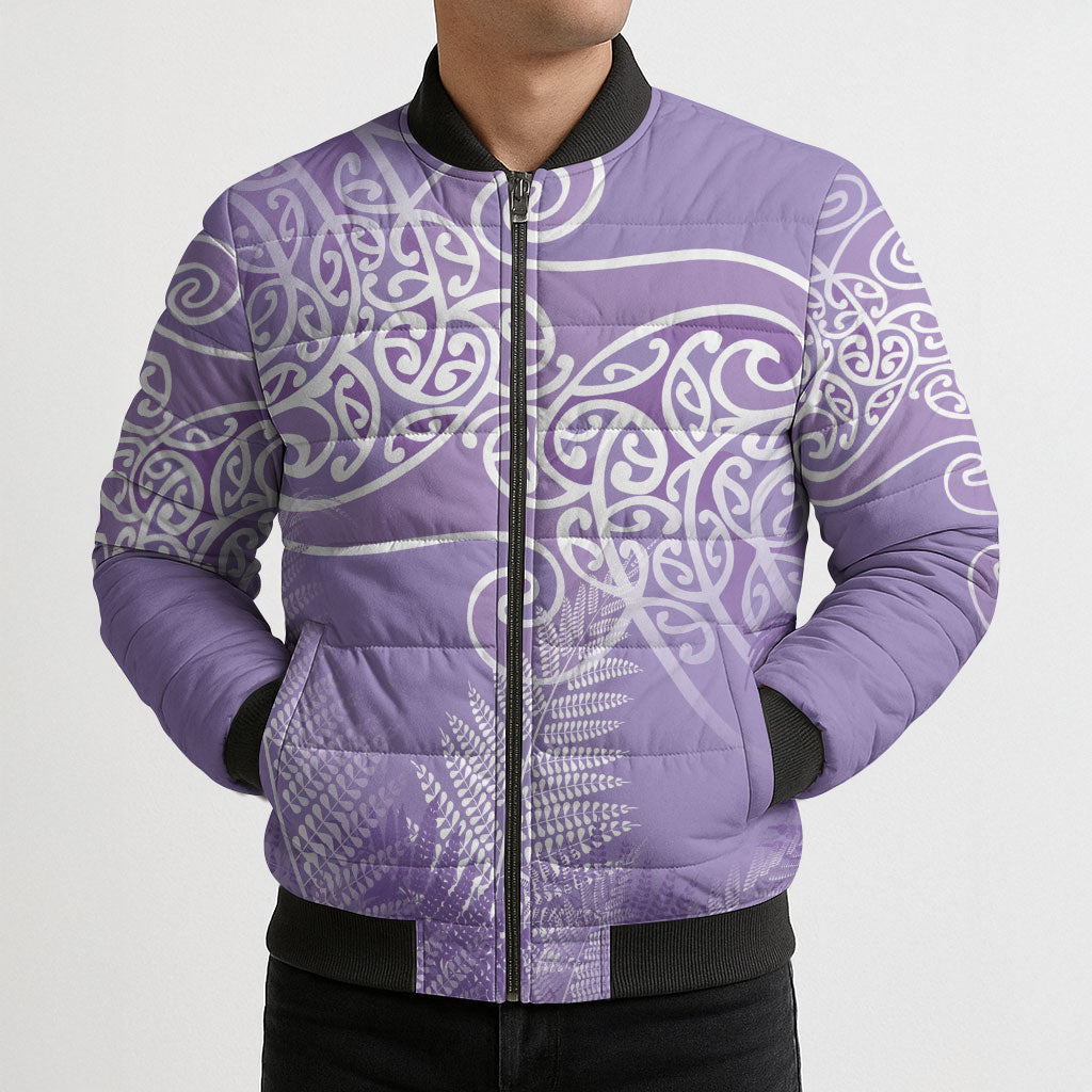 Aotearoa Maori Koru Curves Bomber Puffer Jacket Silver Ferns - Amethyst LT7 - Polynesian Pride