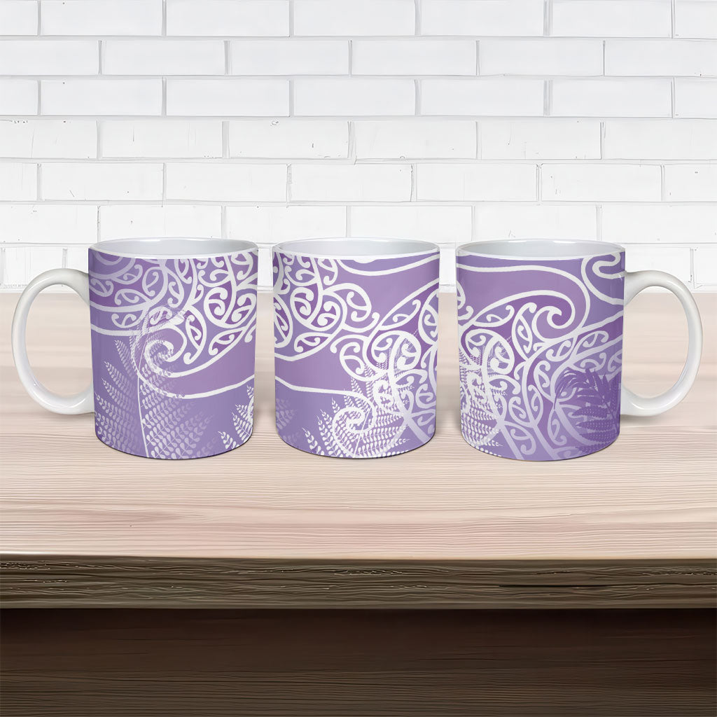 Aotearoa Maori Koru Curves Ceramic Mug Silver Ferns - Amethyst LT7 - Polynesian Pride