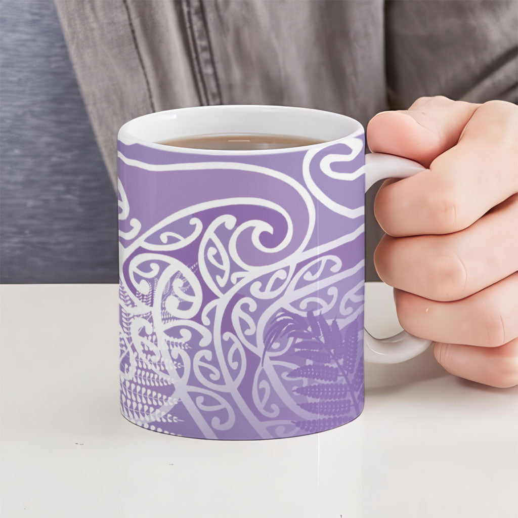 Aotearoa Maori Koru Curves Ceramic Mug Silver Ferns - Amethyst LT7 - Polynesian Pride