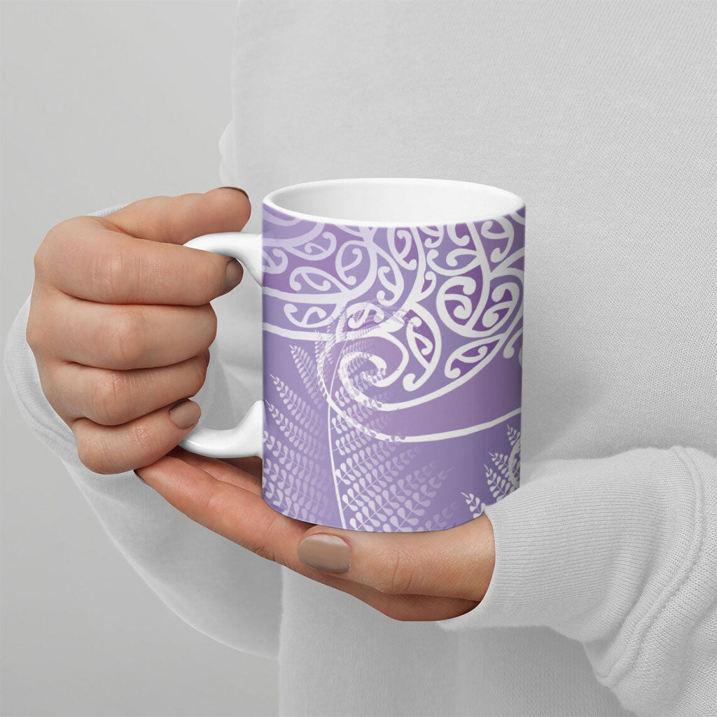 Aotearoa Maori Koru Curves Ceramic Mug Silver Ferns - Amethyst LT7 - Polynesian Pride