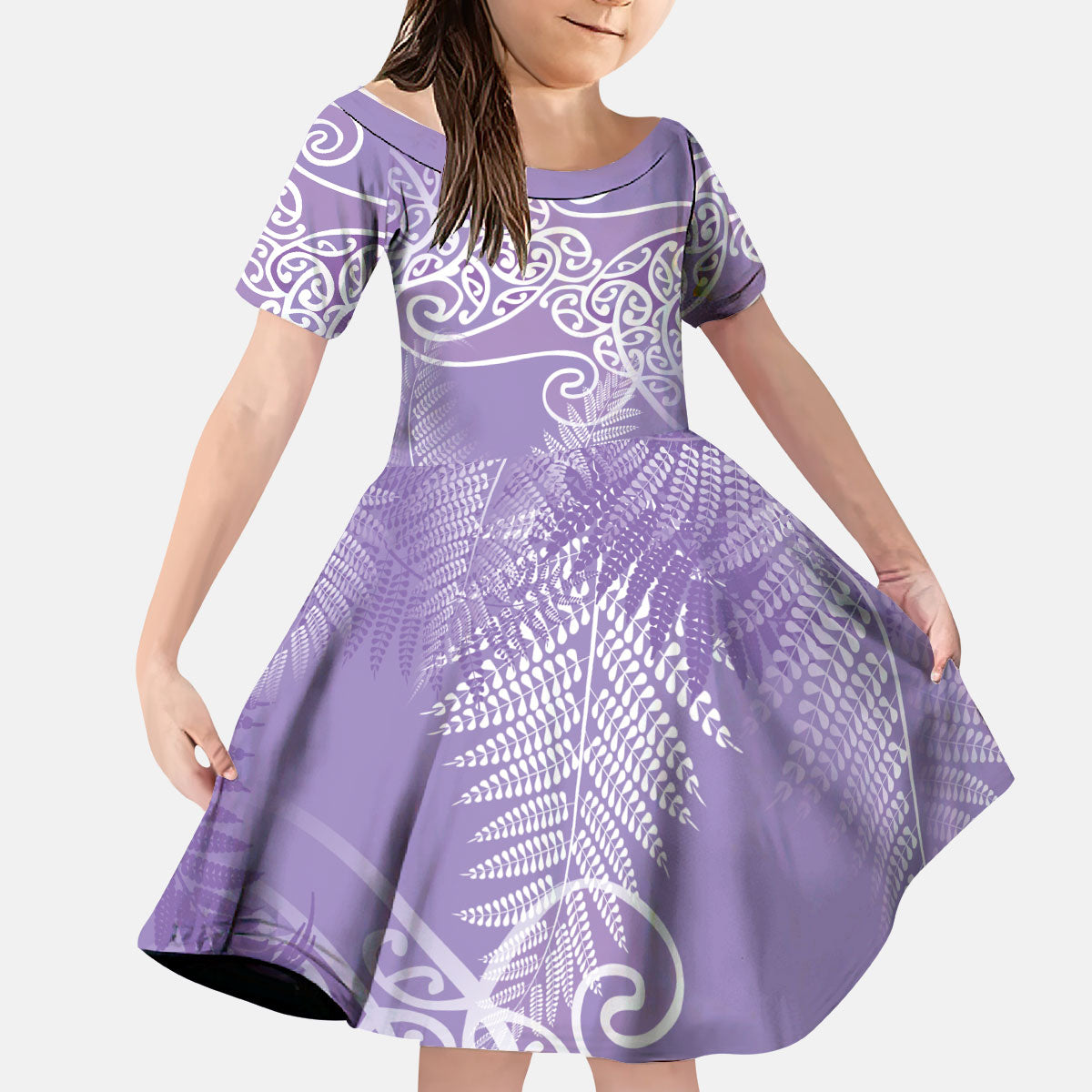 Aotearoa Maori Koru Curves Kid Short Sleeve Dress Silver Ferns - Amethyst LT7 KID Purple - Polynesian Pride