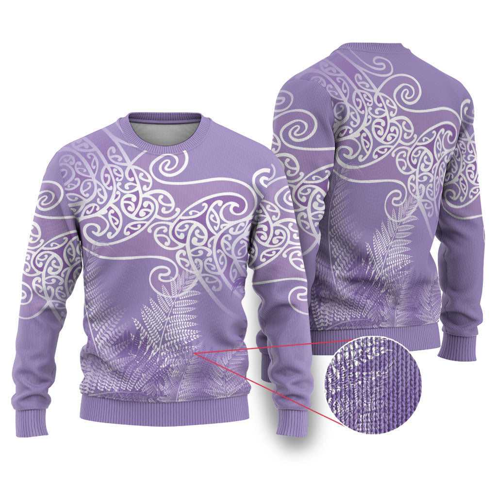 Aotearoa Maori Koru Curves Ugly Christmas Sweater Silver Ferns - Amethyst