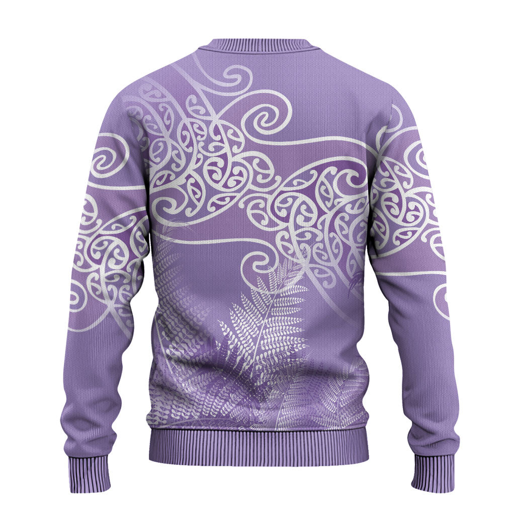 Aotearoa Maori Koru Curves Ugly Christmas Sweater Silver Ferns - Amethyst