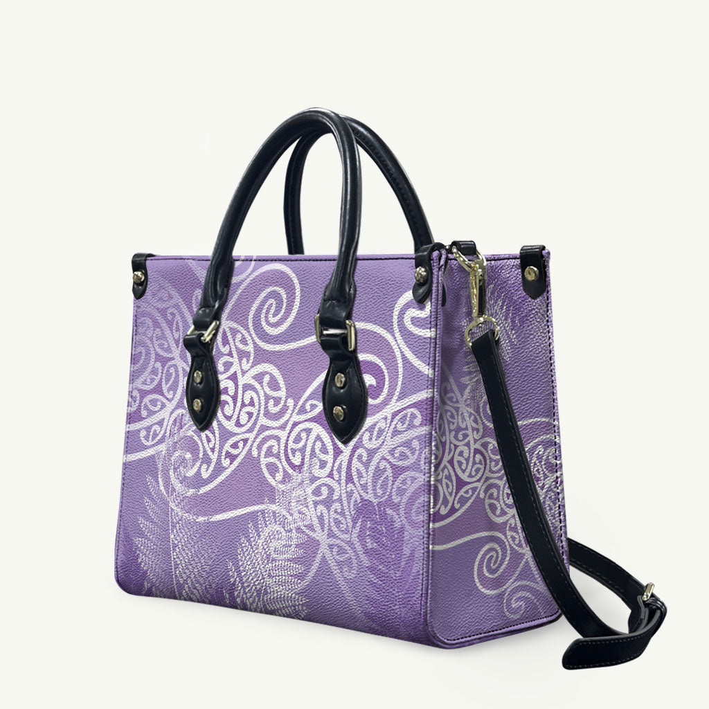 Aotearoa Maori Koru Curves Leather Bag Silver Ferns - Amethyst LT7 Purple - Polynesian Pride