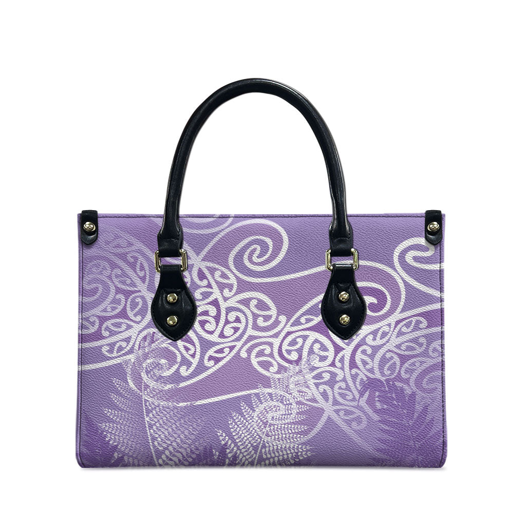Aotearoa Maori Koru Curves Leather Bag Silver Ferns - Amethyst LT7 - Polynesian Pride