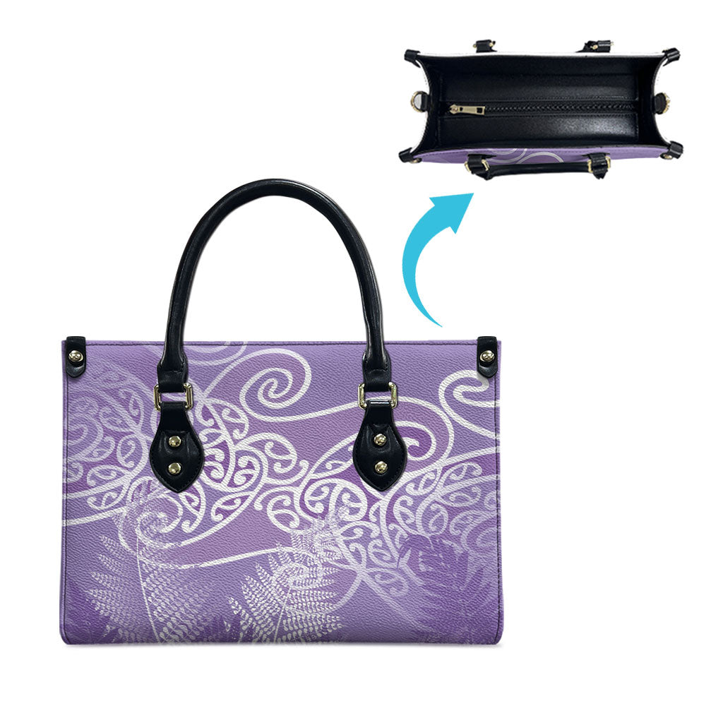 Aotearoa Maori Koru Curves Leather Bag Silver Ferns - Amethyst LT7 - Polynesian Pride