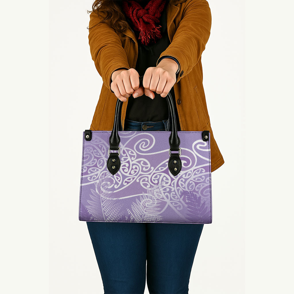 Aotearoa Maori Koru Curves Leather Bag Silver Ferns - Amethyst LT7 - Polynesian Pride