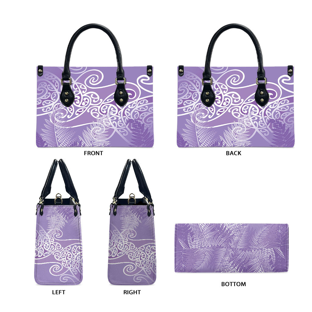 Aotearoa Maori Koru Curves Leather Bag Silver Ferns - Amethyst LT7 - Polynesian Pride