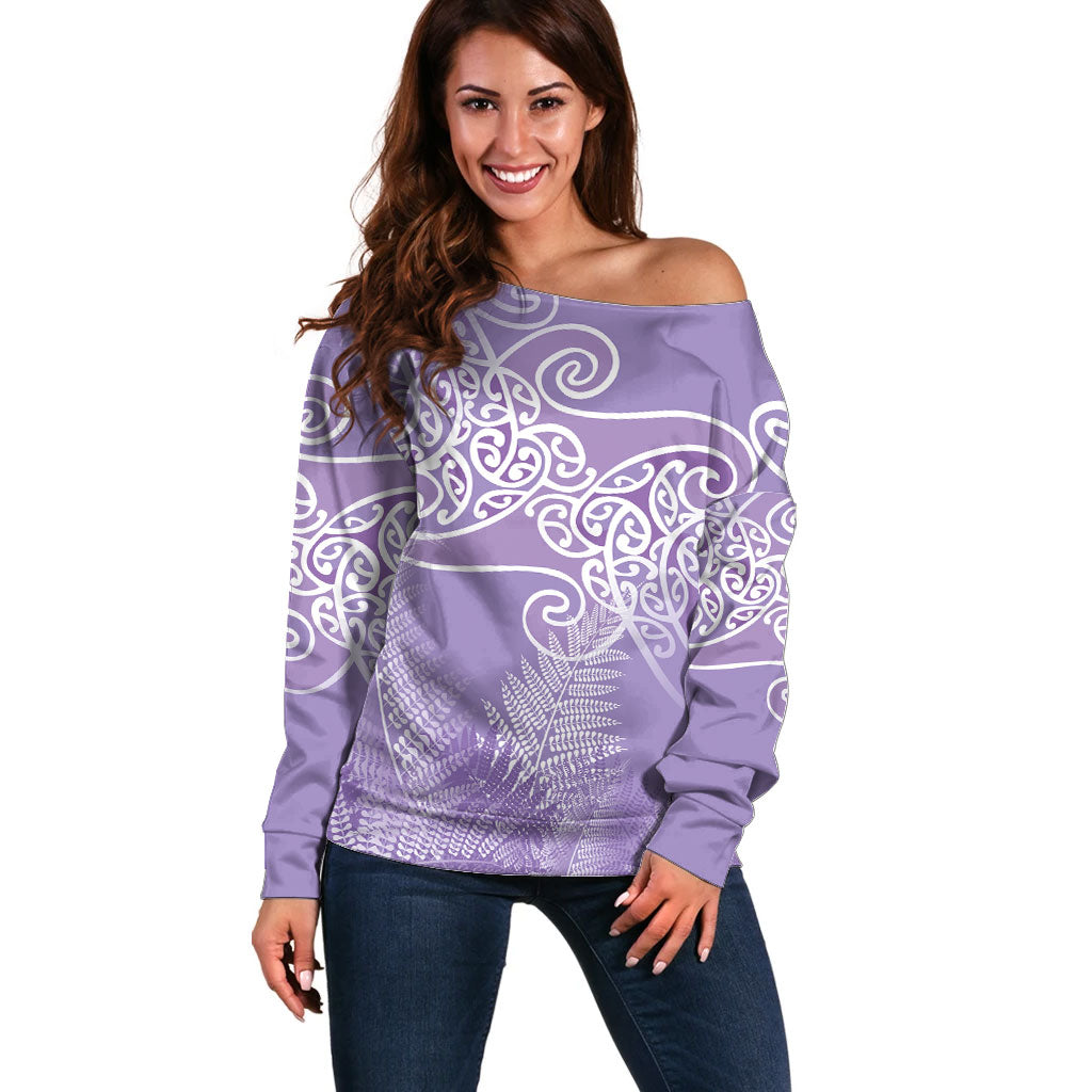 Aotearoa Maori Koru Curves Off Shoulder Sweater Silver Ferns - Amethyst LT7 Women Purple - Polynesian Pride