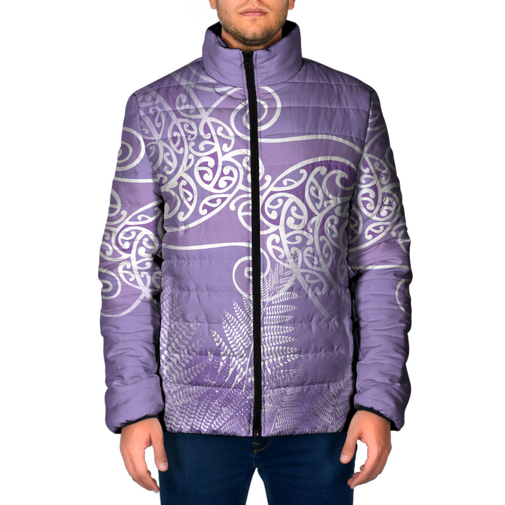 Aotearoa Maori Koru Curves Padded Jacket Silver Ferns - Amethyst LT7 Men Purple - Polynesian Pride