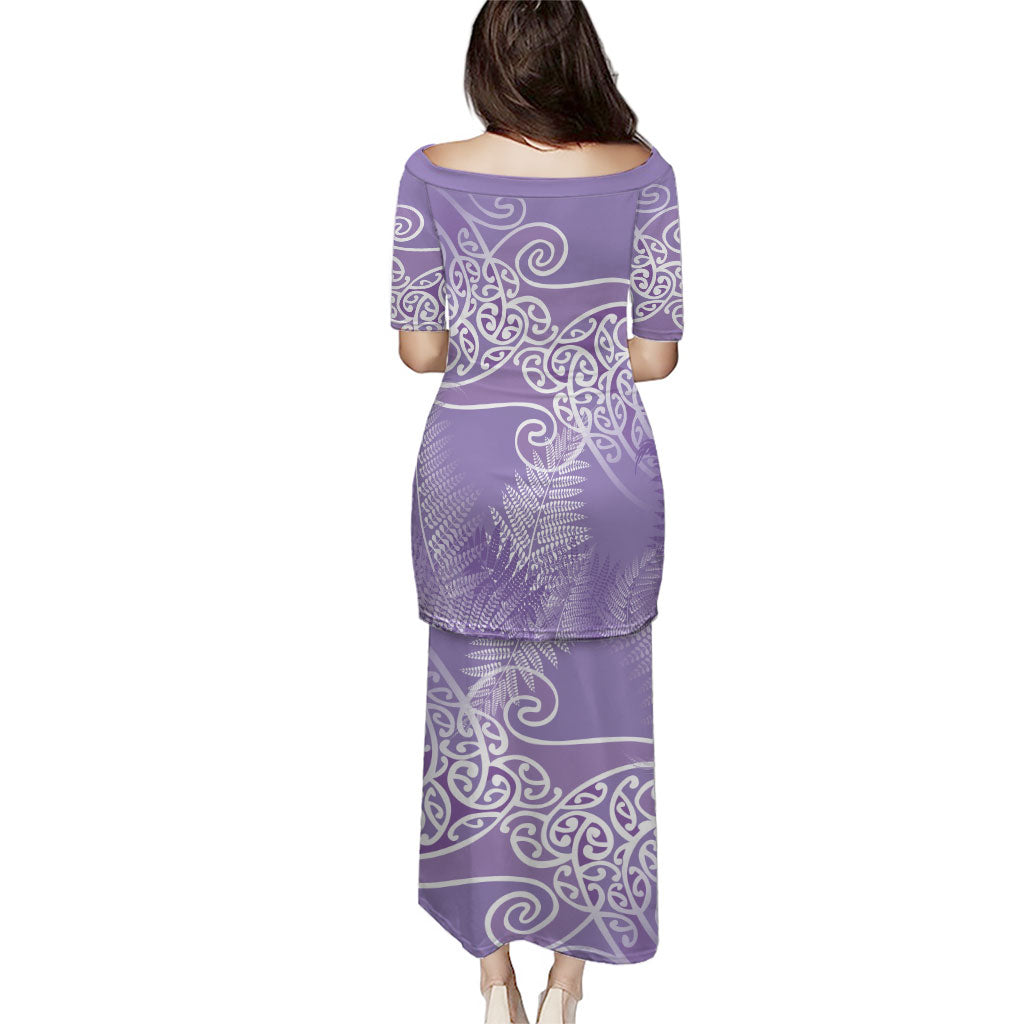Aotearoa Maori Koru Curves Puletasi Silver Ferns - Amethyst LT7 - Polynesian Pride